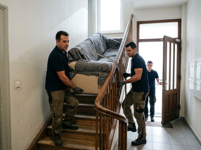 Zwei Mitarbeiter tragen ein Sofa das Treppenhaus hinunter