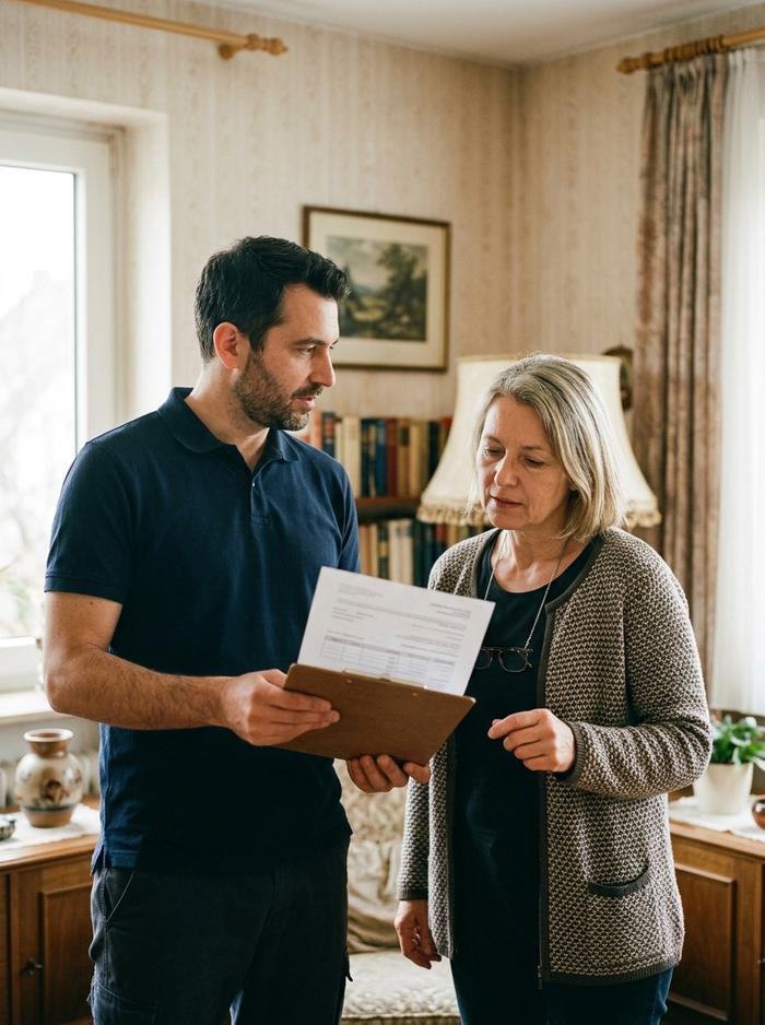 Mitarbeiter zeigt einer Kundin das Festpreis-Angebot auf dem Klemmbrett