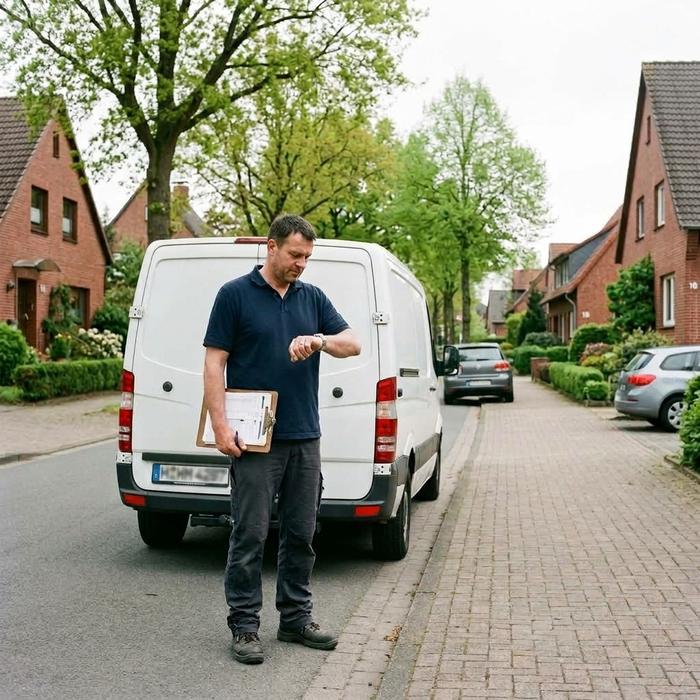 Mitarbeiter mit Klemmbrett schaut vor dem Transporter auf die Uhr