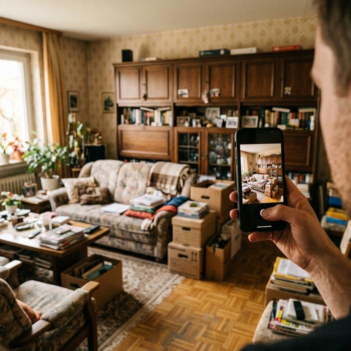 Hand fotografiert mit dem Smartphone ein vollgestelltes Wohnzimmer