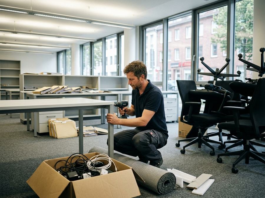 Büroauflösung: Mitarbeiter schraubt einen Schreibtisch auseinander, Bürostühle gestapelt