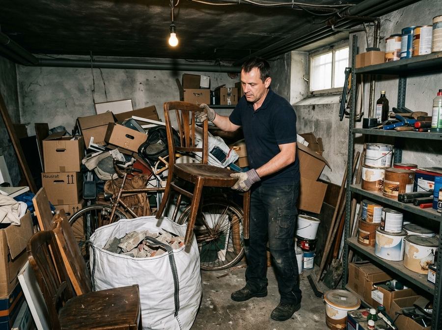 Vollgestellter Keller wird entrümpelt, Mitarbeiter hebt einen alten Stuhl auf den Stapel
