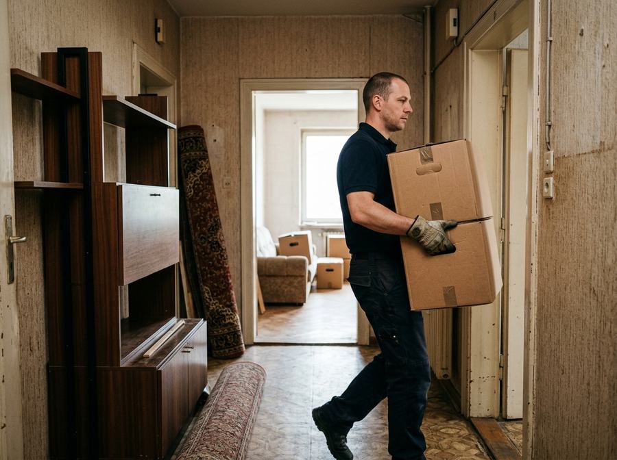 Mitarbeiter trägt Umzugskartons durch den Flur einer Wohnung bei der Haushaltsauflösung in Oldenburg