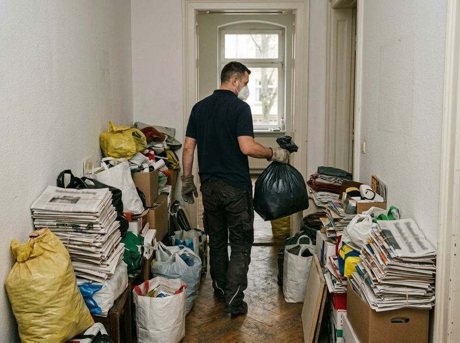 Mitarbeiter mit Atemschutz trägt einen Sack aus einem vollgestellten Flur bei einer Messie-Räumung