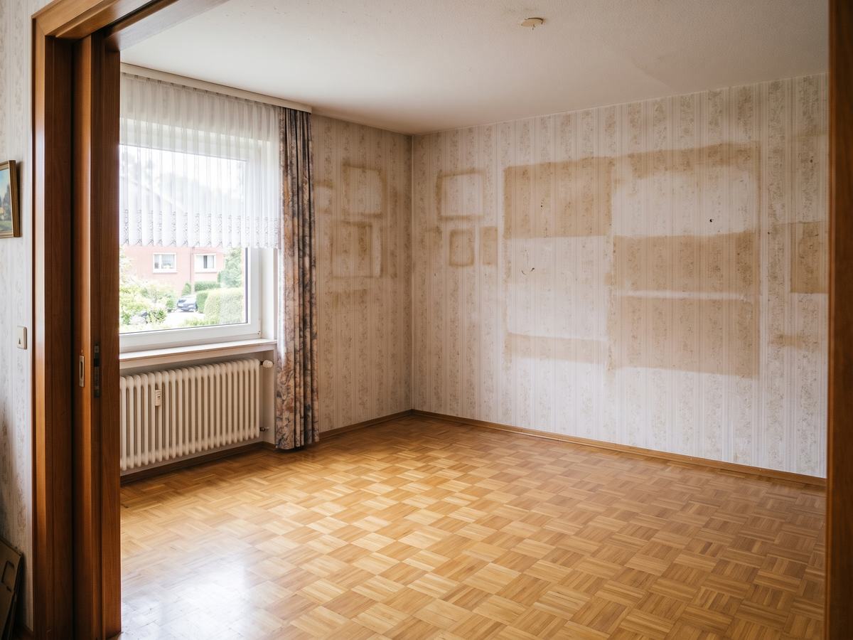 Nachher: dasselbe Wohnzimmer leer und gefegt, das Parkett liegt frei